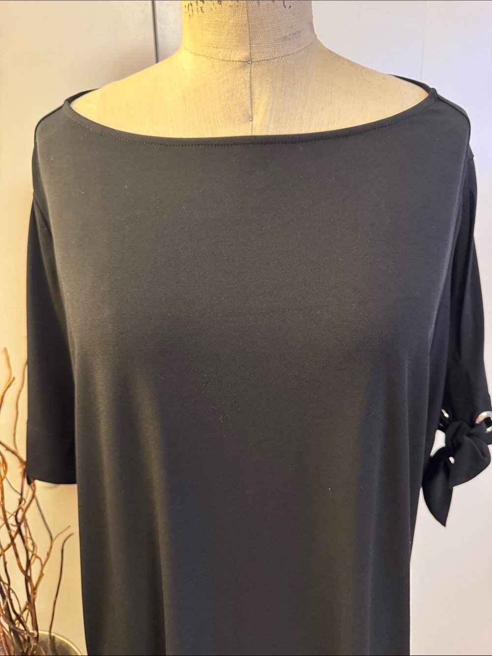 Susan Graver Black Short-Sleeve Tie-Accent Top - Picture 2 of 6